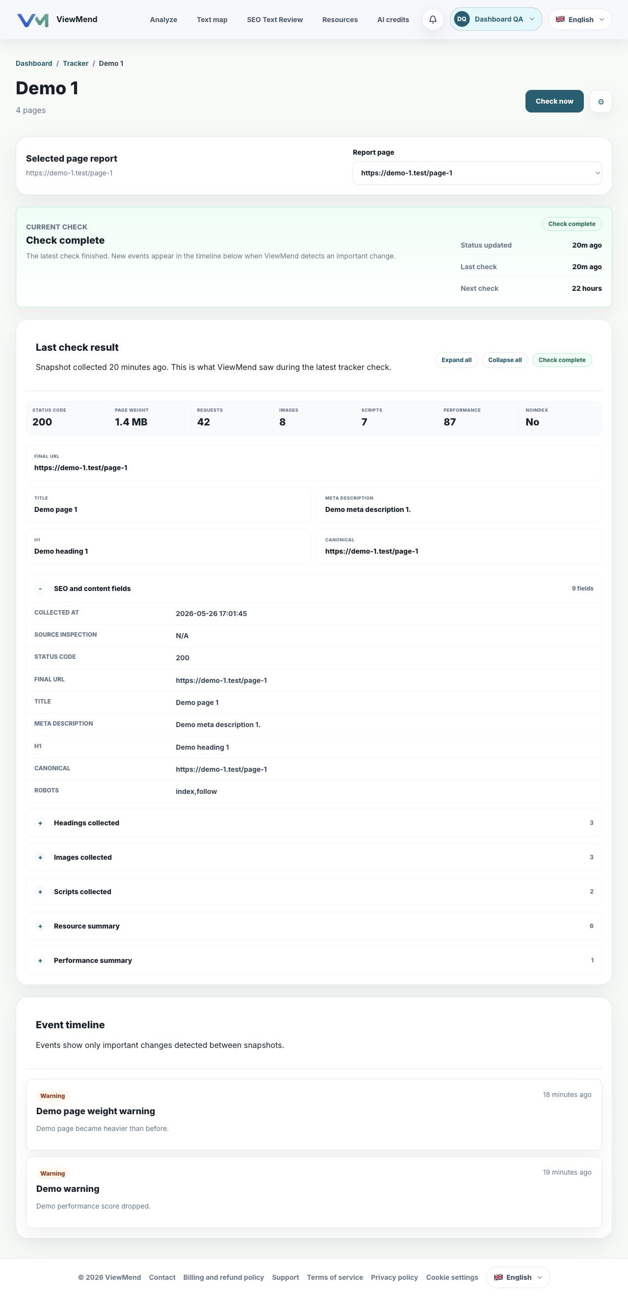 Detailed ViewMend tracker group page with selected page report