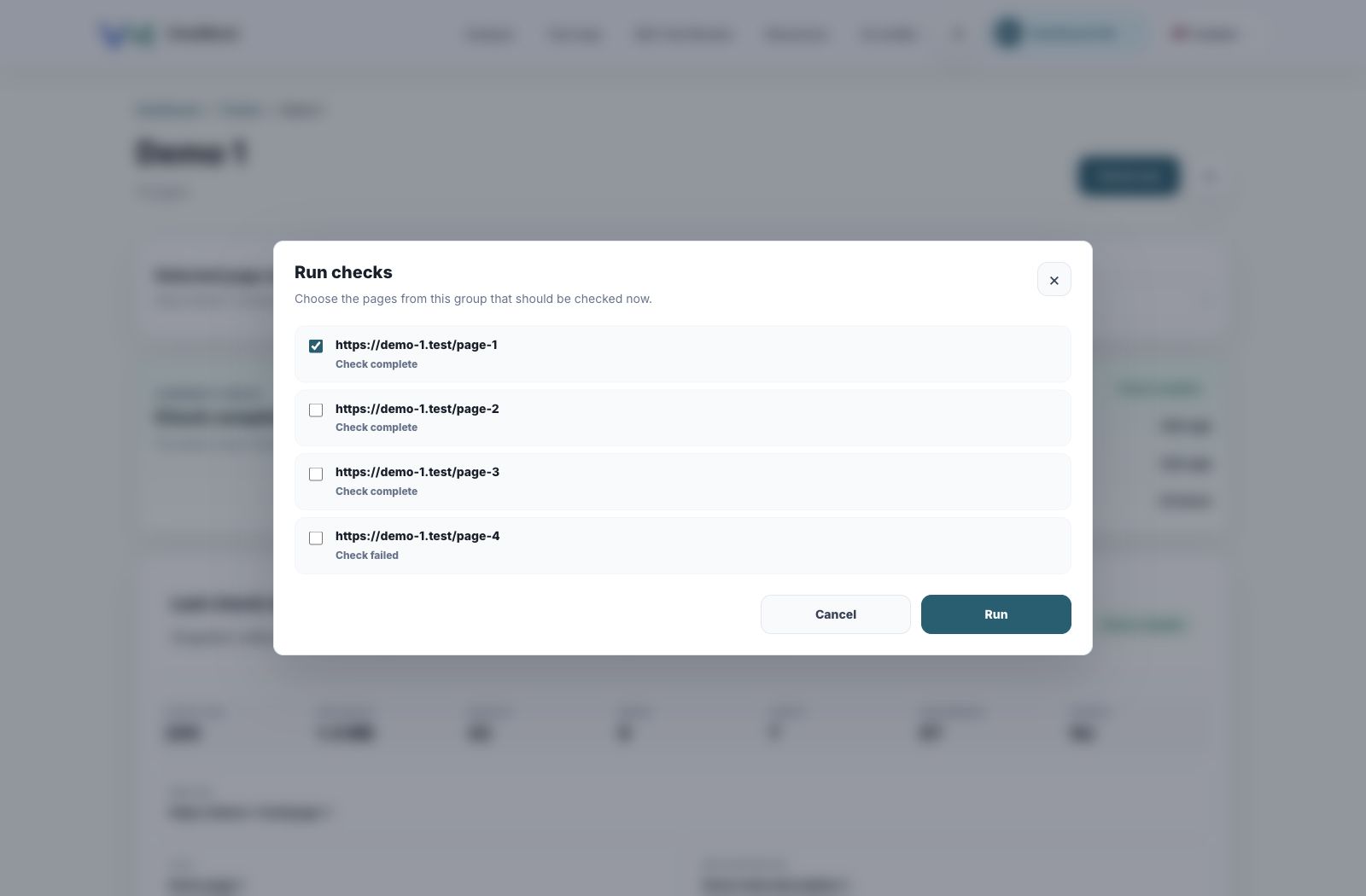 Run checks modal with selectable tracked pages