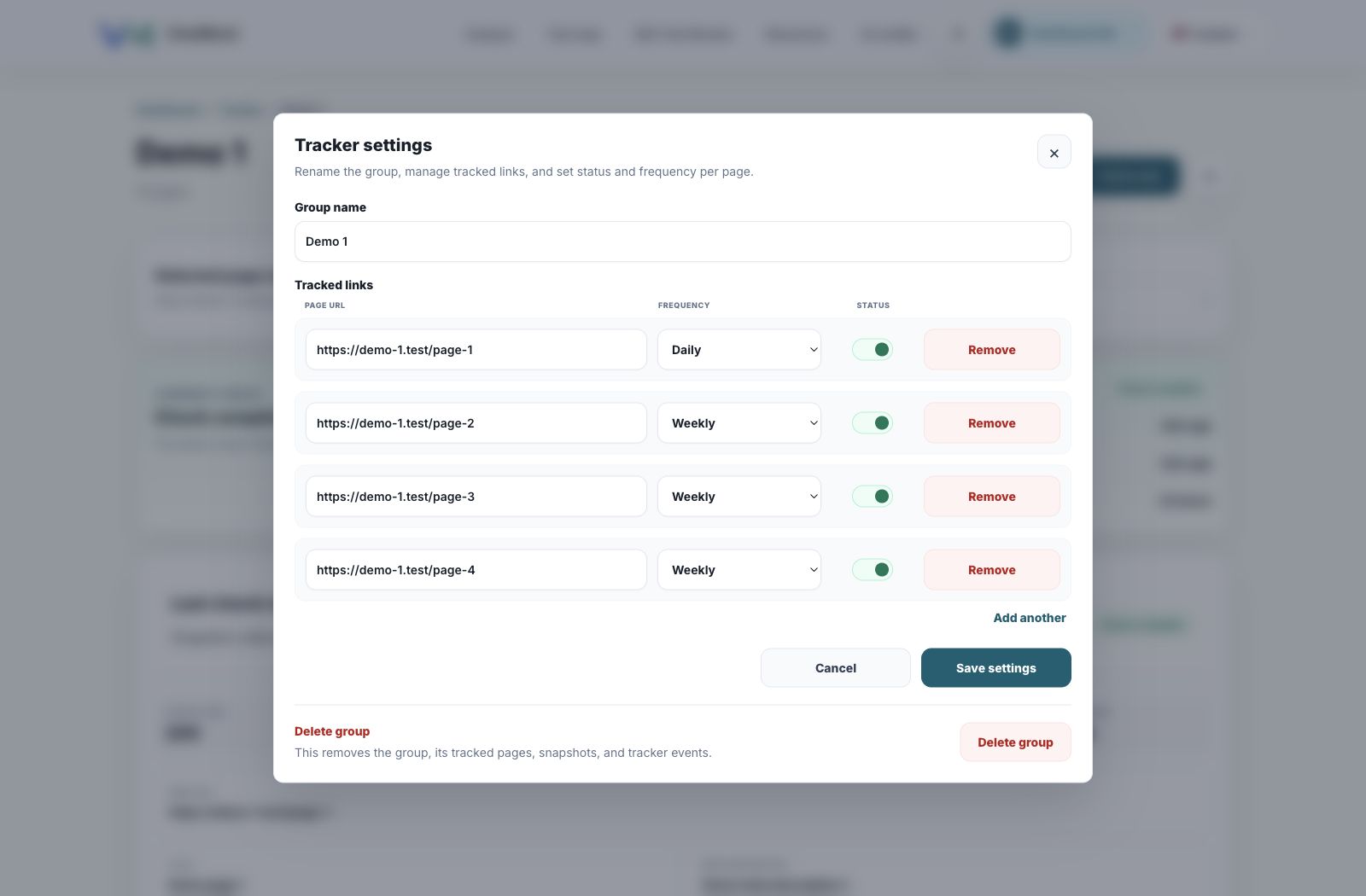 Tracker settings modal with URL, frequency and status controls
