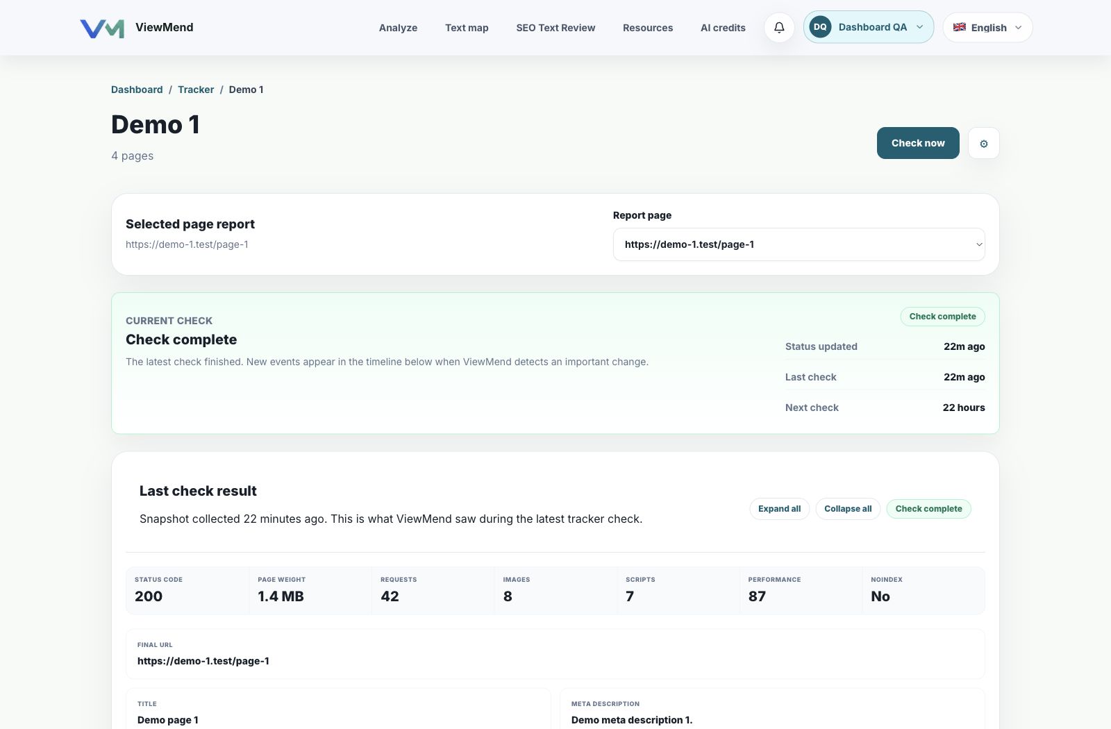 Tracker detail page with check status and latest result sections